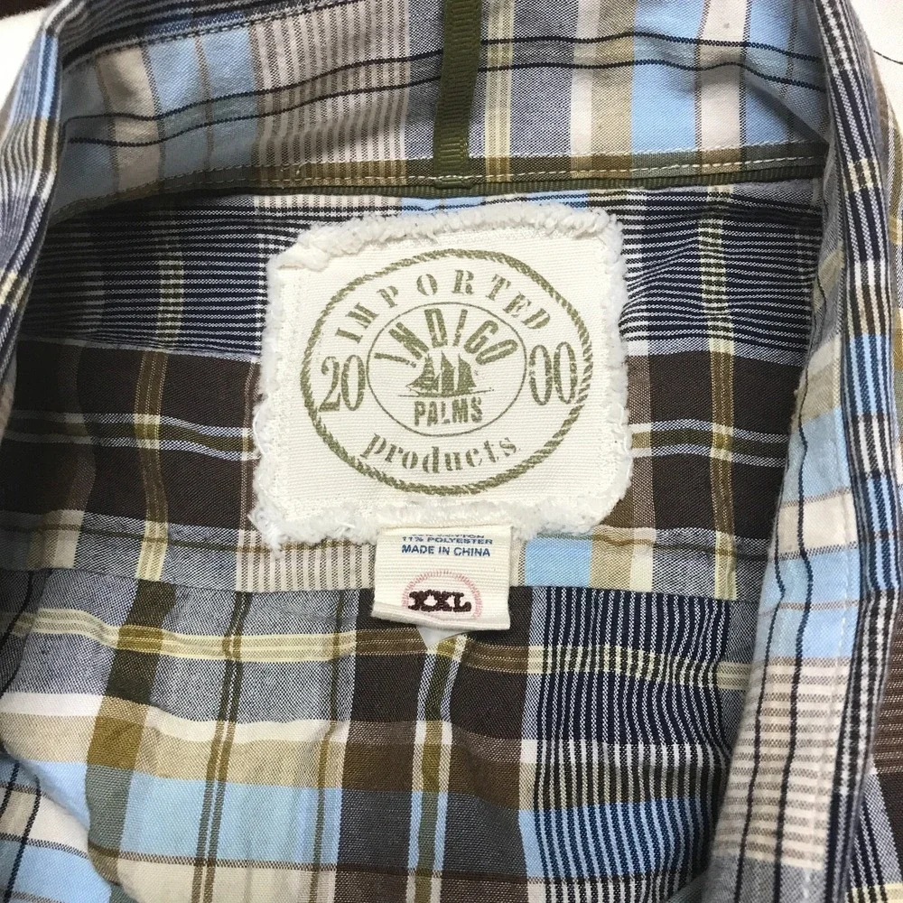 Indigo Palms‎ Mens XXL Blue Brown Plaid SS Button Down Shirt Cotton Blend